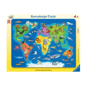 Пъзел Ravensburger 30-48 ел. - Карта на света с животни